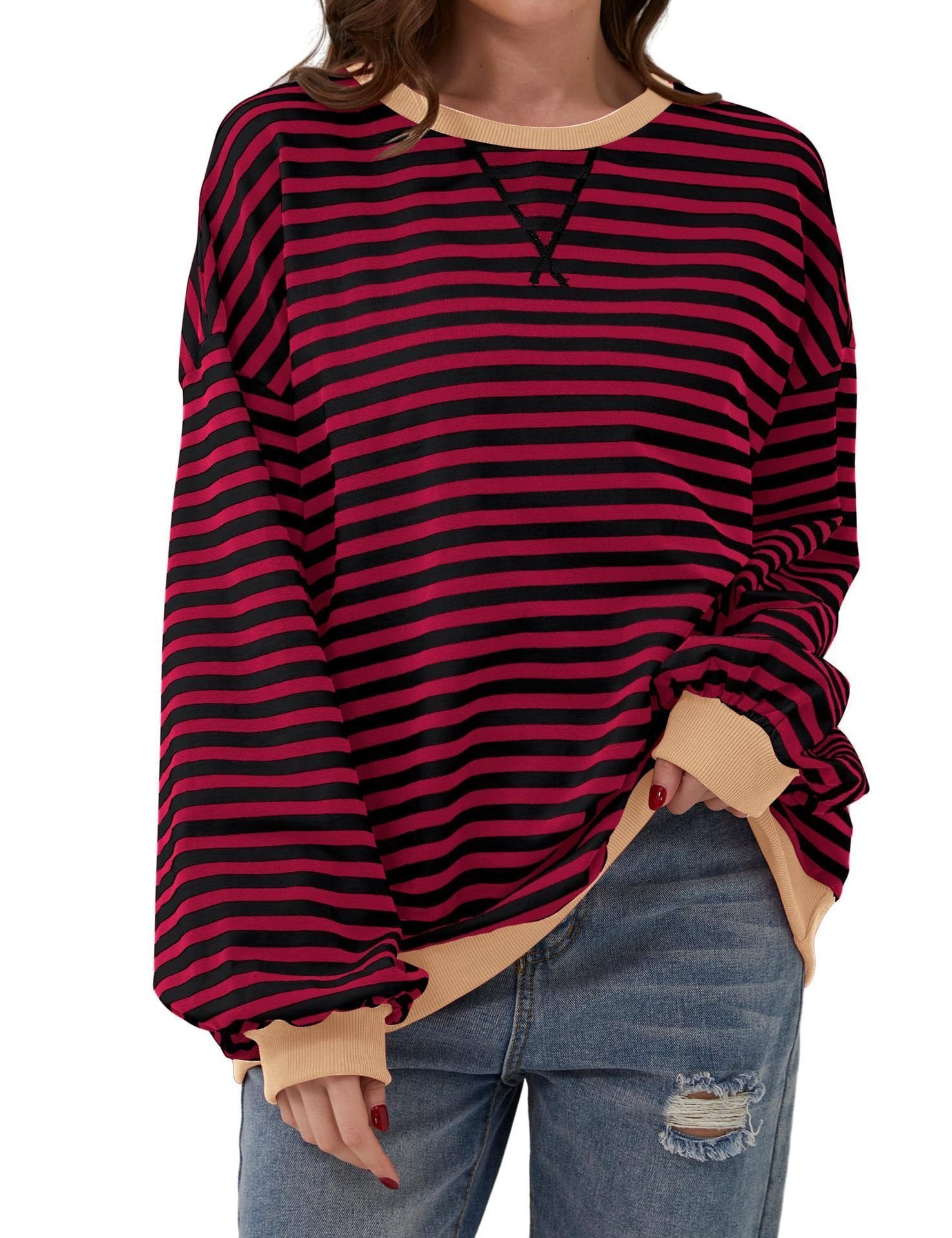 Casual Crew Neck Striped Sweatshirt