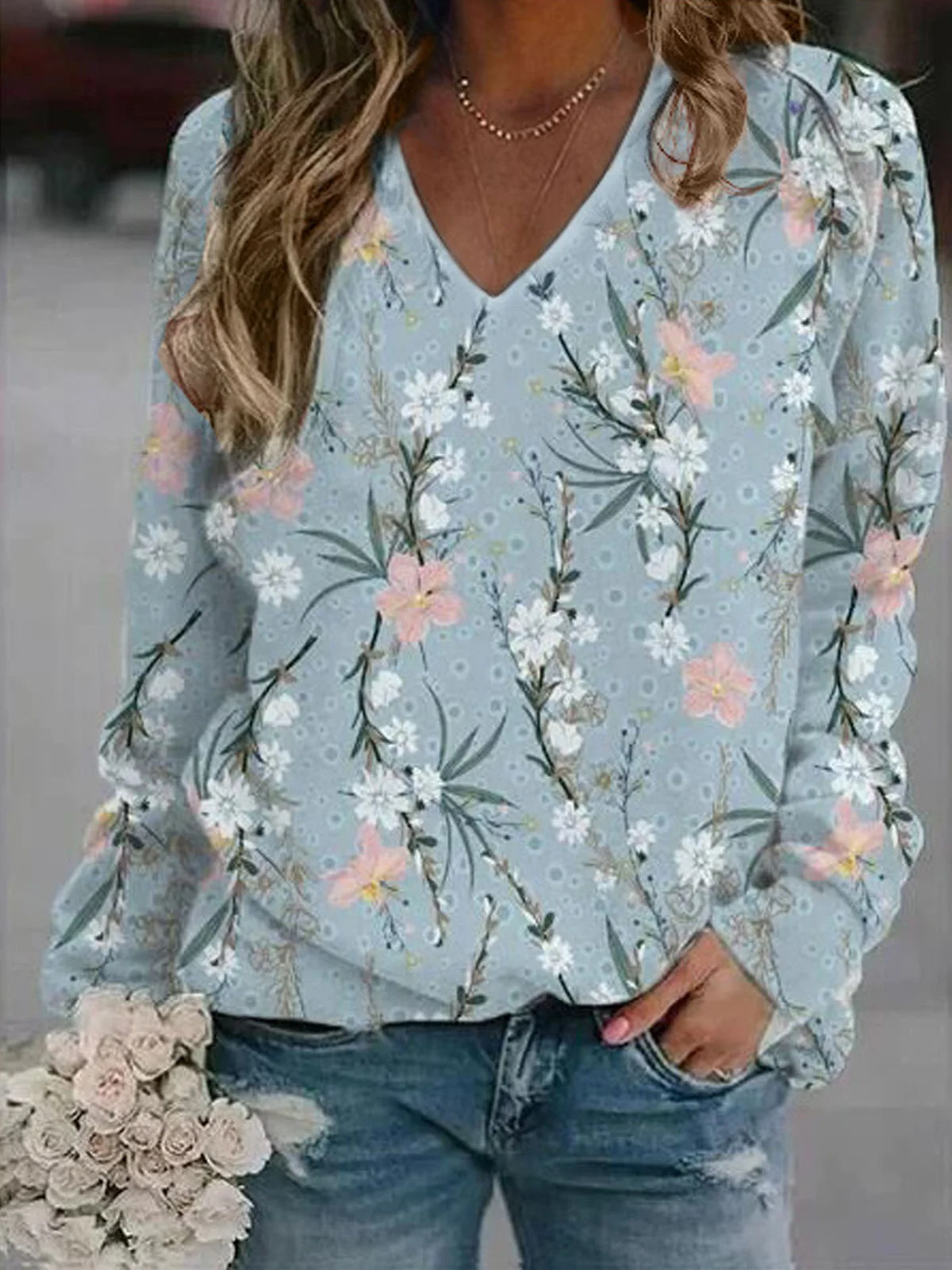 Casual V Neck Floral Sweatshirt