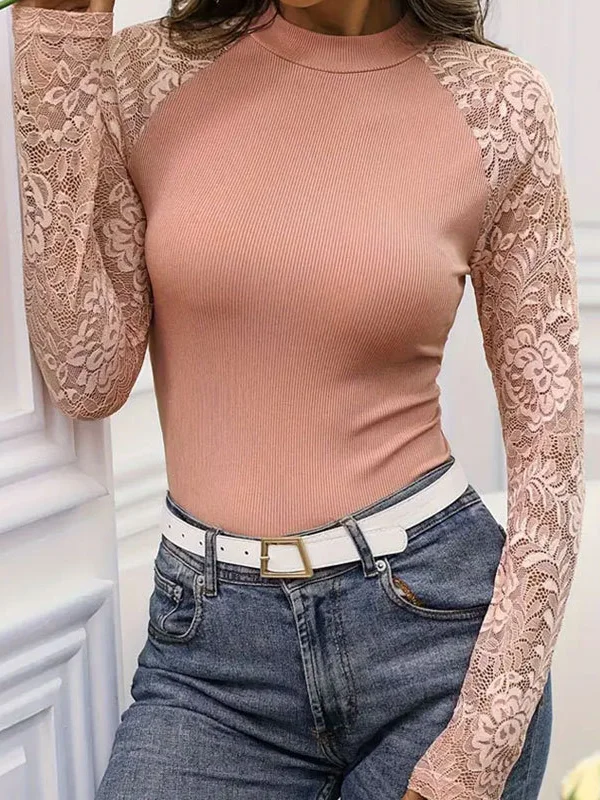 Turtleneck Long Sleeve Plain Lace Regular Micro-Elasticity Loose Blouse For Women