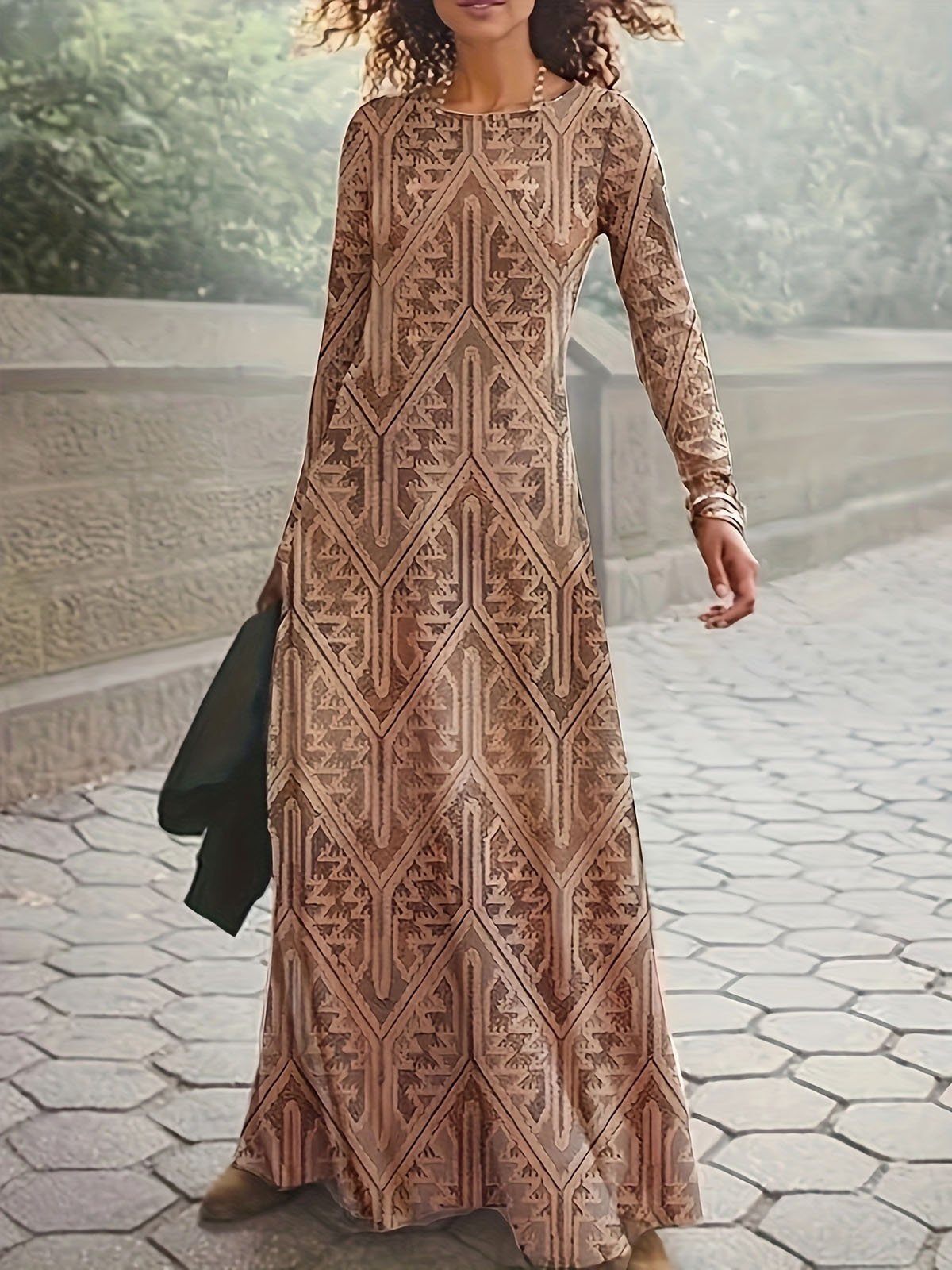 Women Ethnic Crew Neck Long Sleeve Comfy Casual Maxi Dress