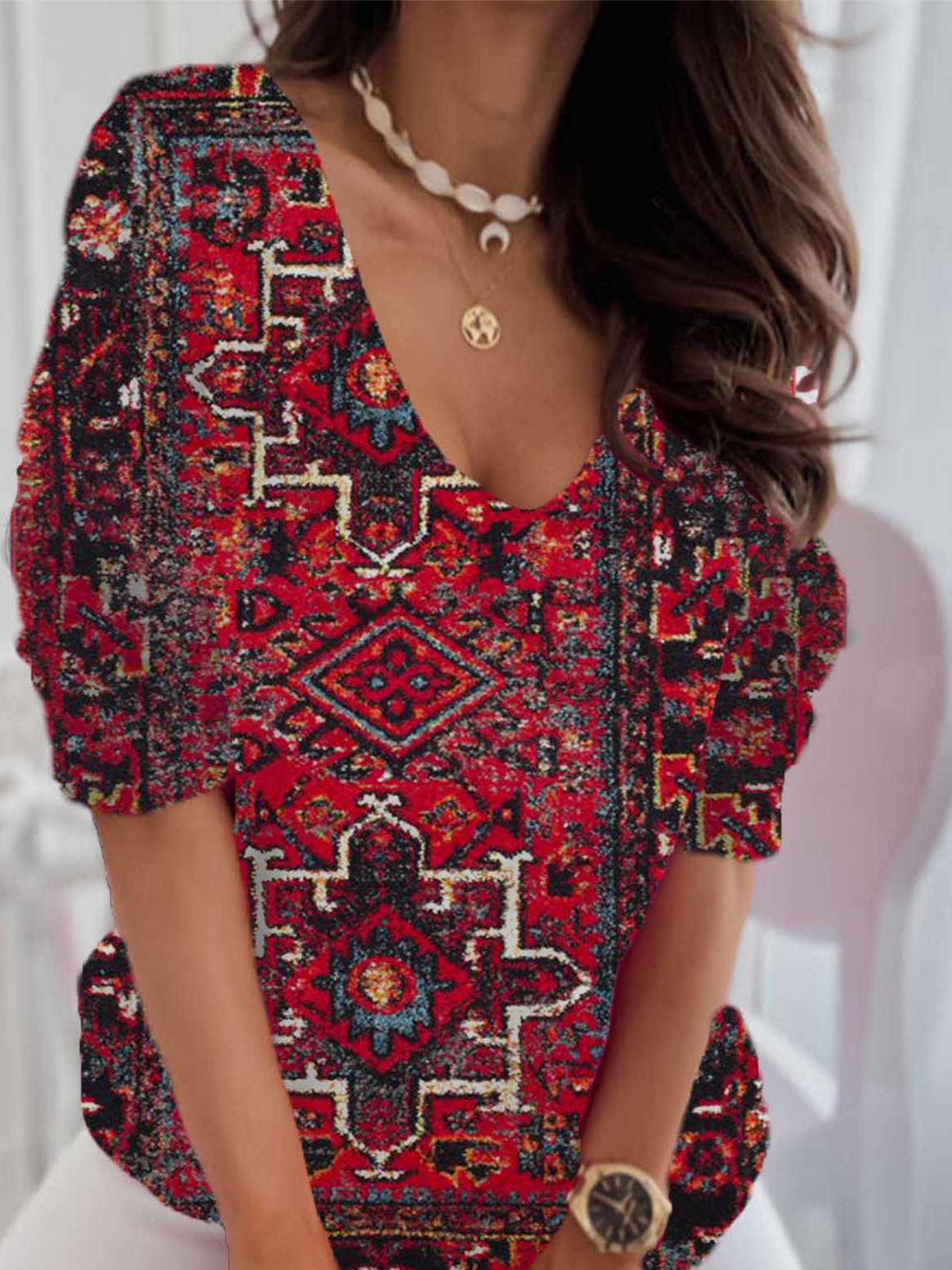 Casual Ethnic V Neck Long Sleeve T-shirt