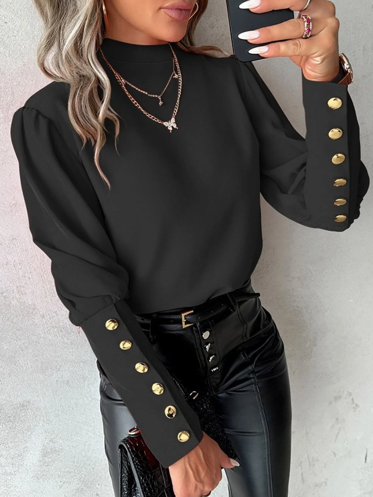 Mock Neck Long Sleeve Plain Buckle Regular Loose Blouse For Women