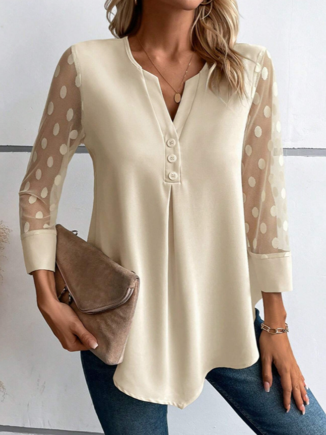 Notched Long Sleeve Plain Lace Regular Micro-Elasticity Loose Blouse For Women