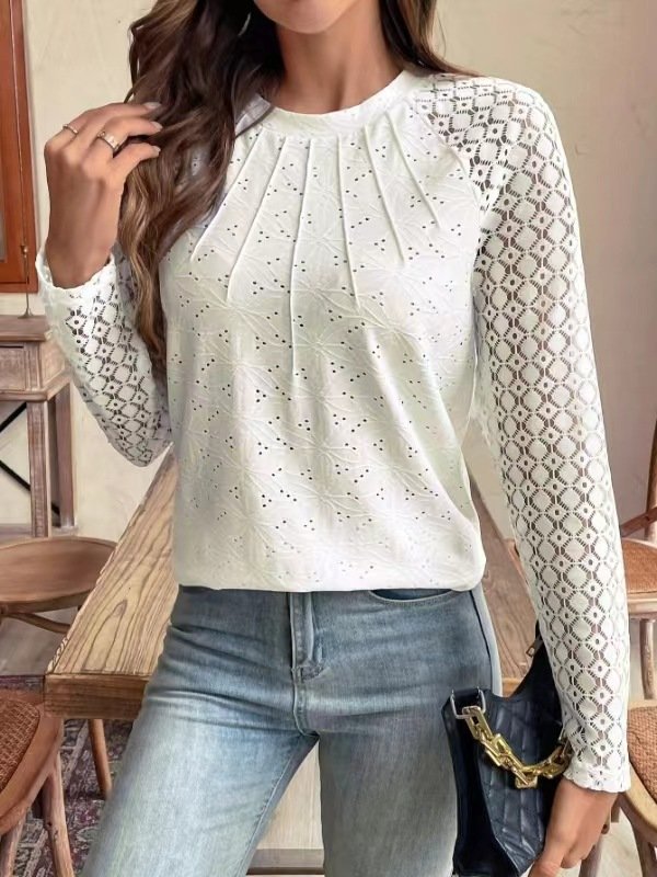 Crew Neck Long Sleeve Plain Lace Regular Micro-Elasticity Loose Blouse For Women