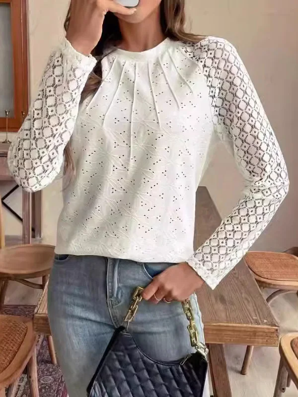 Crew Neck Long Sleeve Plain Lace Regular Micro-Elasticity Loose Blouse For Women