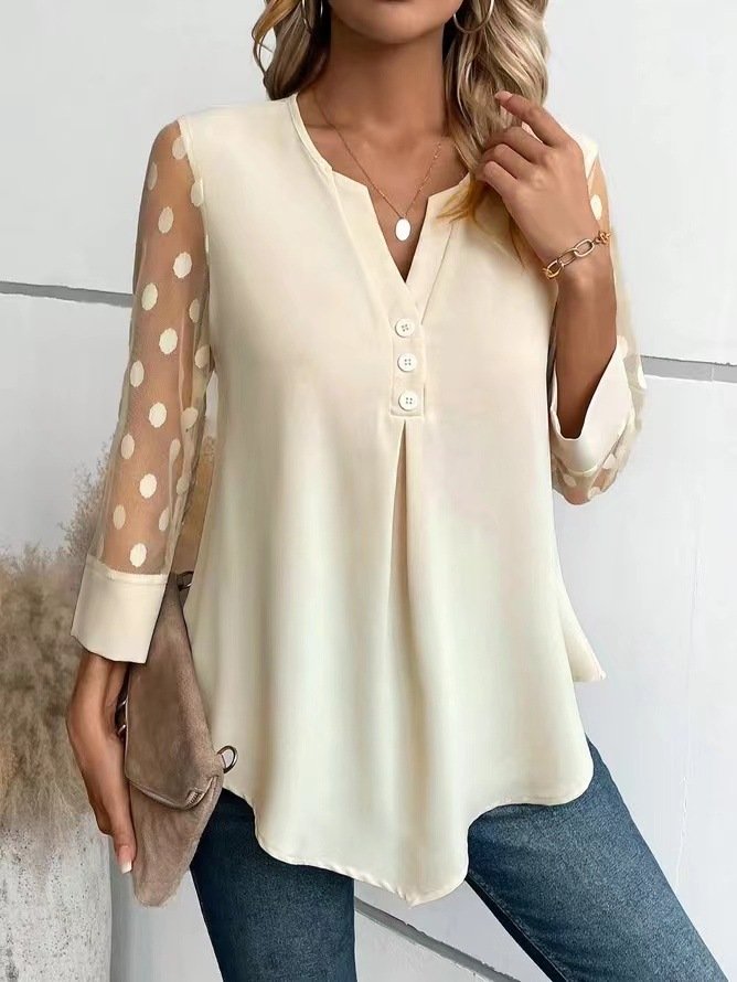 Notched Long Sleeve Plain Lace Regular Micro-Elasticity Loose Blouse For Women