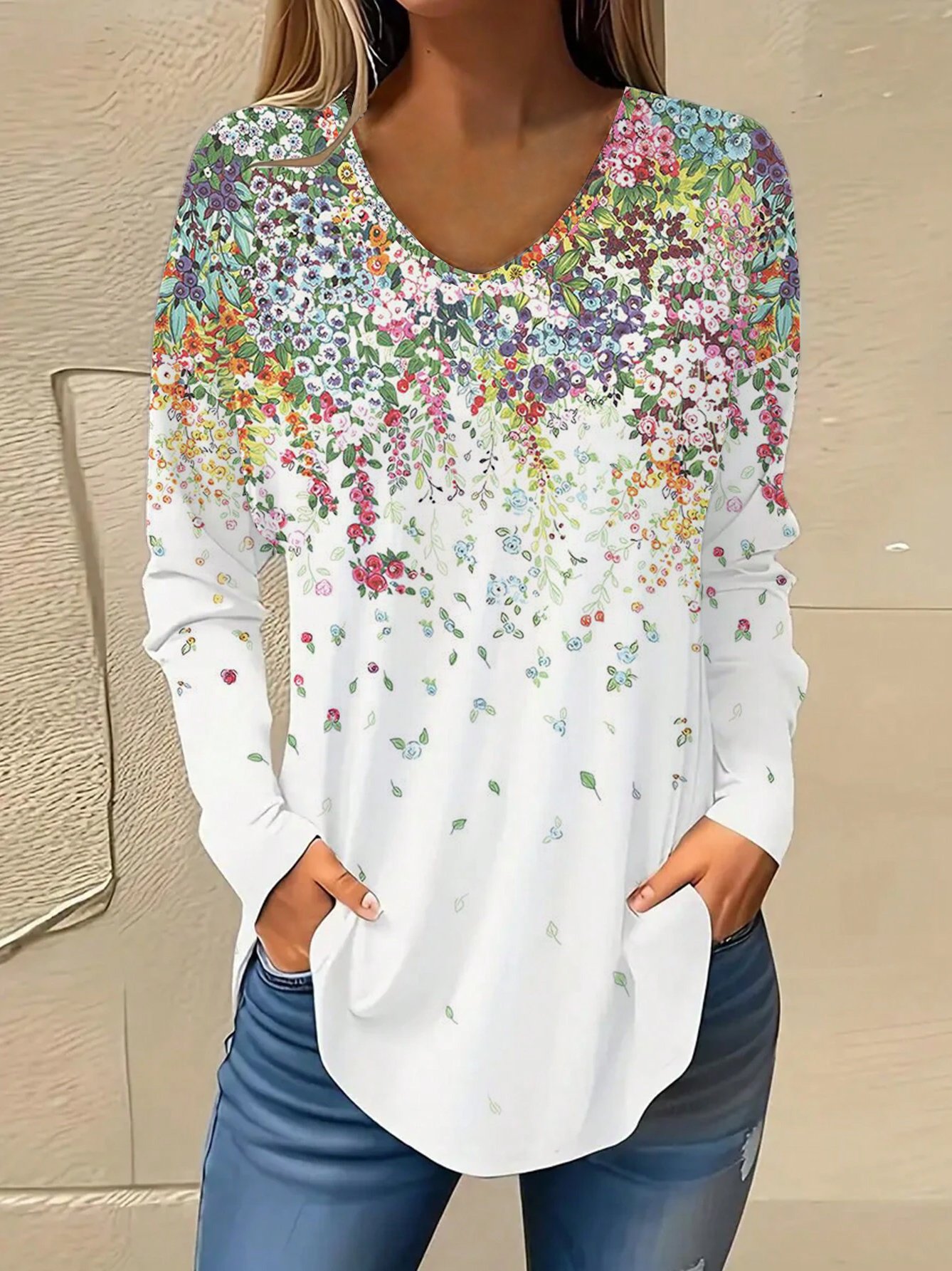 V Neck Long Sleeve Floral Regular Medium Elasticity Loose Blouse For Women