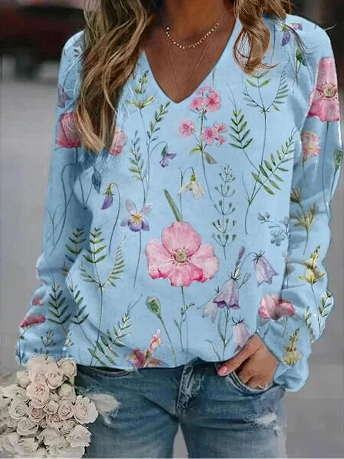 Casual V Neck Floral Sweatshirt