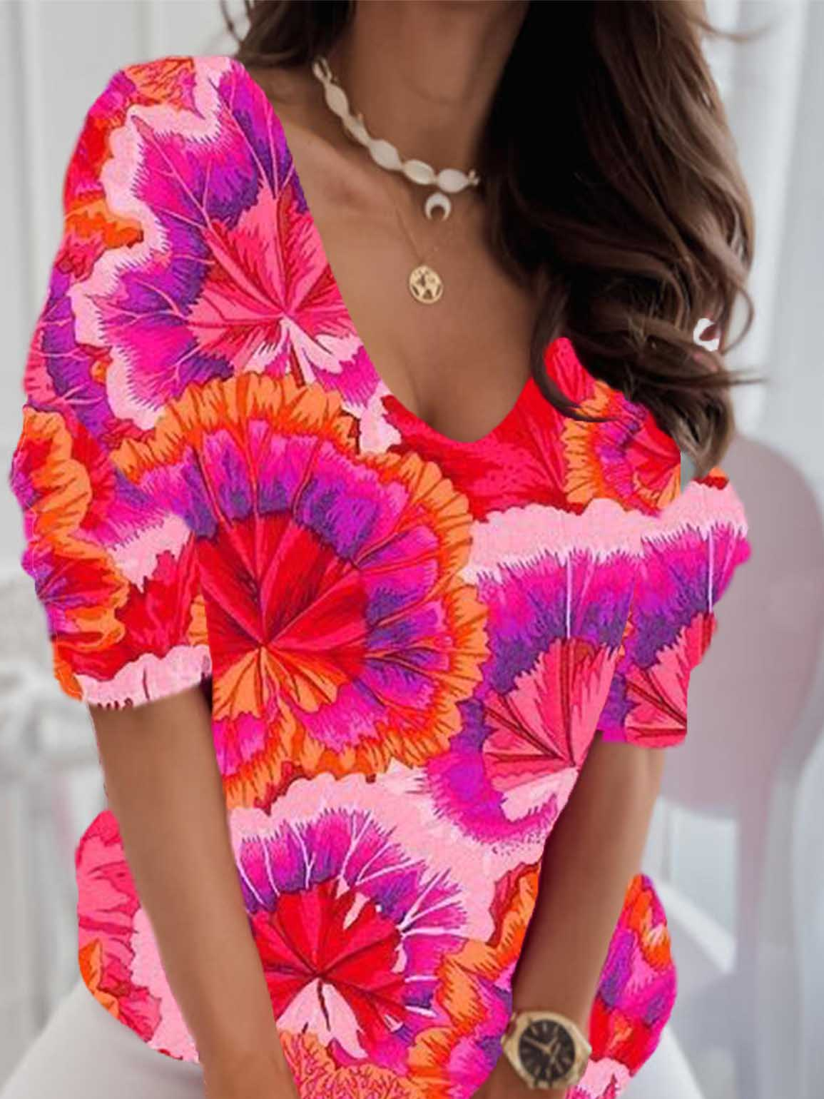 Casual Floral V Neck Long Sleeve T-shirt