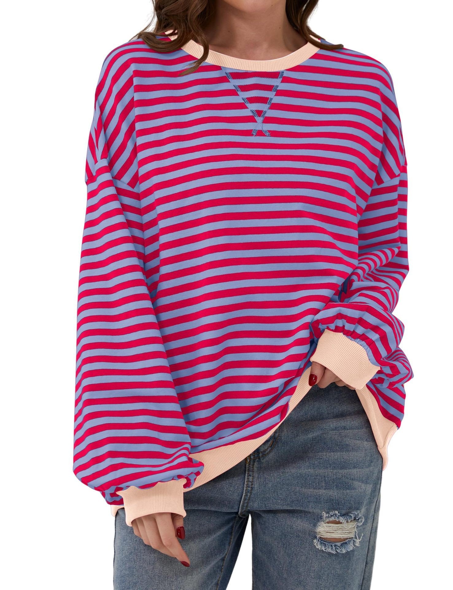 Casual Crew Neck Striped Sweatshirt