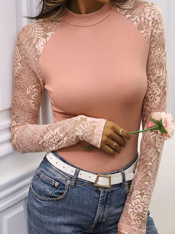 Turtleneck Long Sleeve Plain Lace Regular Micro-Elasticity Loose Blouse For Women