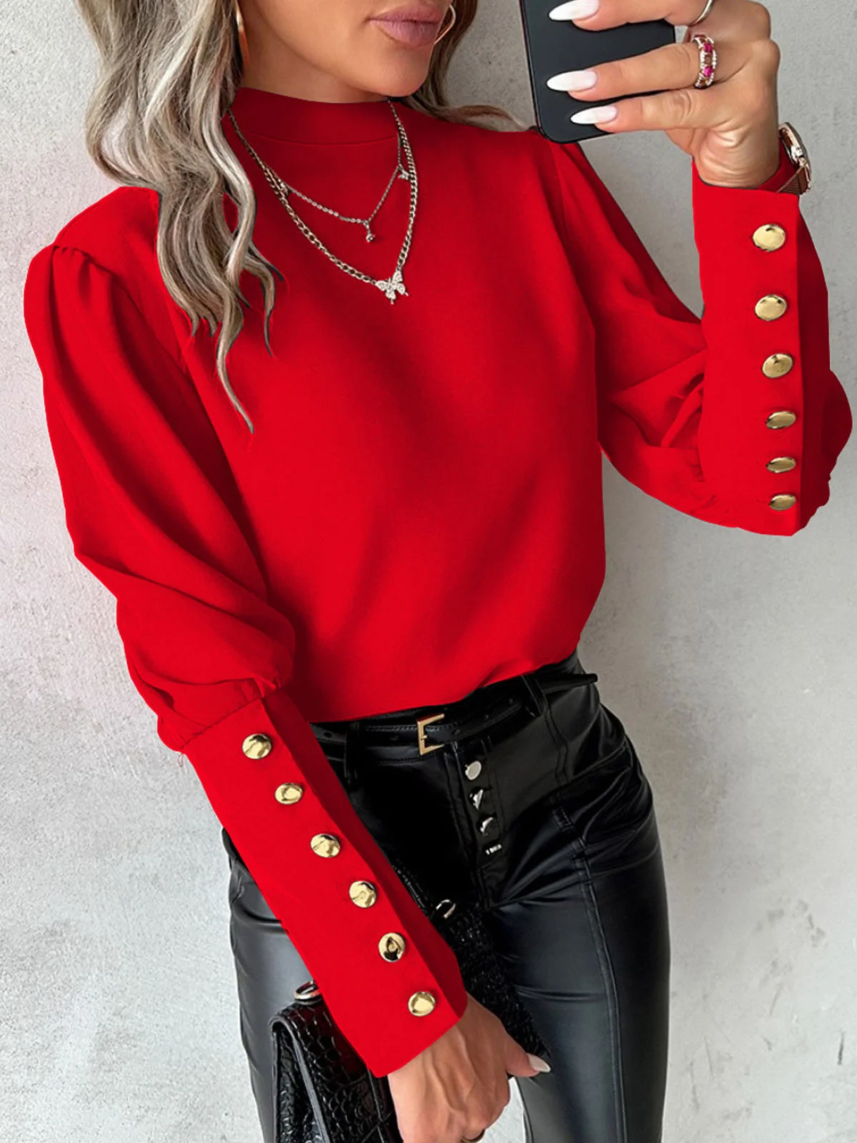 Mock Neck Long Sleeve Plain Buckle Regular Loose Blouse For Women