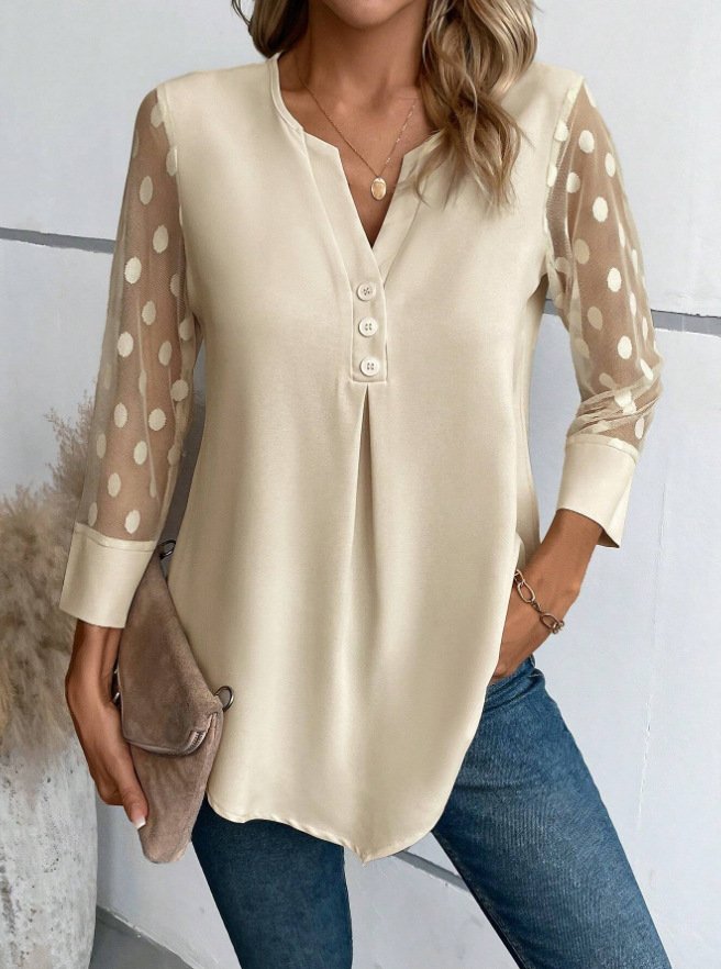 Notched Long Sleeve Plain Lace Regular Micro-Elasticity Loose Blouse For Women