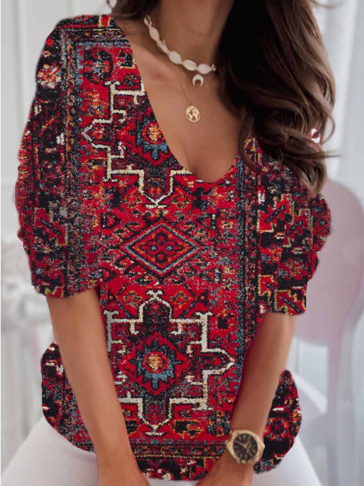 Casual Ethnic V Neck Long Sleeve T-shirt