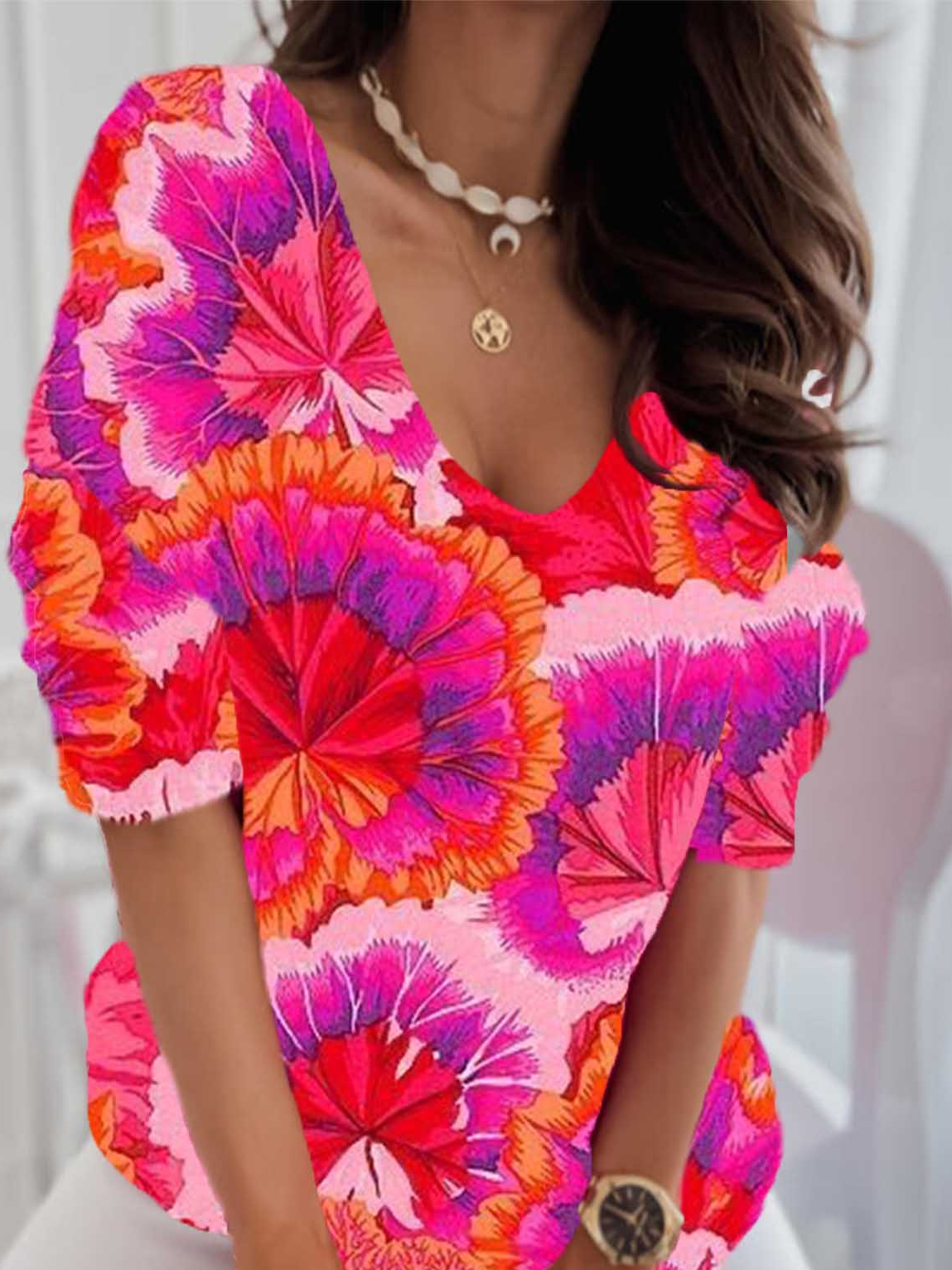 Casual Floral V Neck Long Sleeve T-shirt