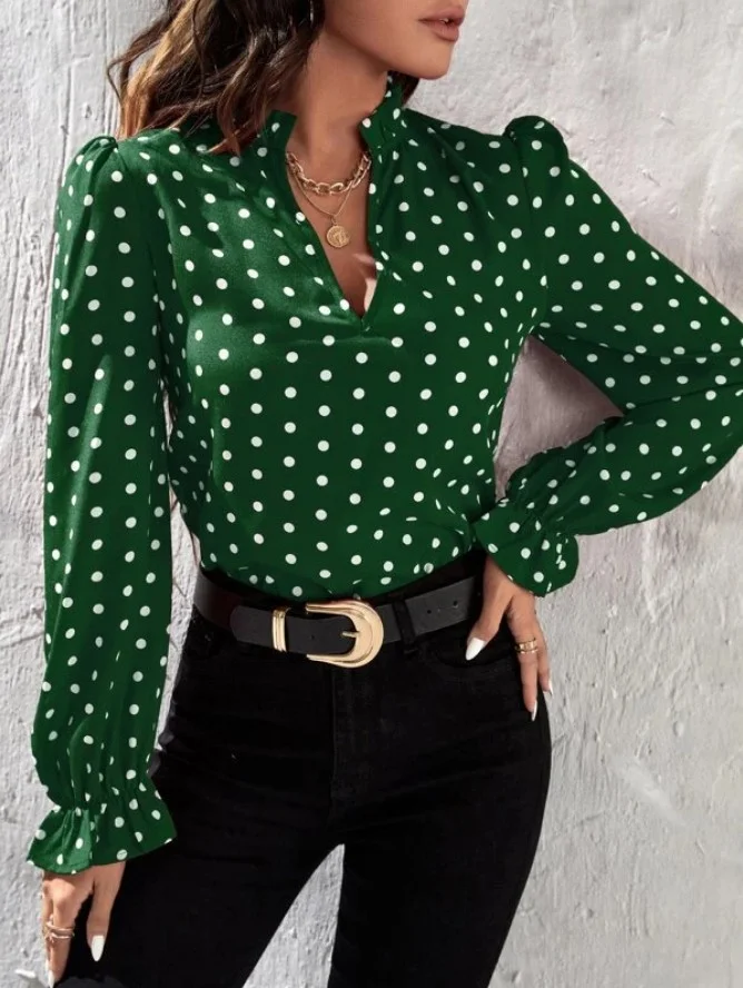 Stand Collar Long Sleeve Polka Dots Regular Loose Blouse For Women