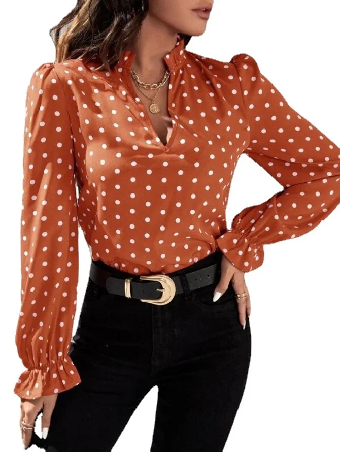 Stand Collar Long Sleeve Polka Dots Regular Loose Blouse For Women