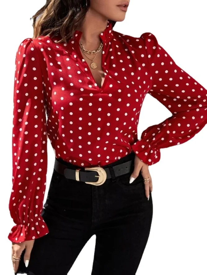 Stand Collar Long Sleeve Polka Dots Regular Loose Blouse For Women