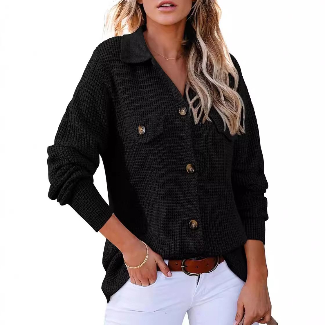 Shirt Collar Long Sleeve Plain Buckle Regular Medium Elasticity Loose Blouse For Women