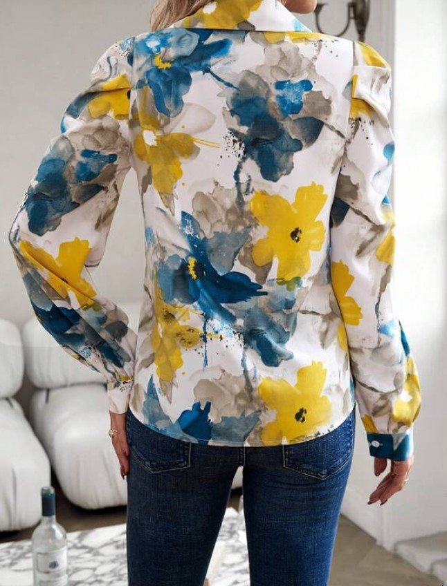 Shirt Collar Long Sleeve Floral Regular Loose Shirt For Women