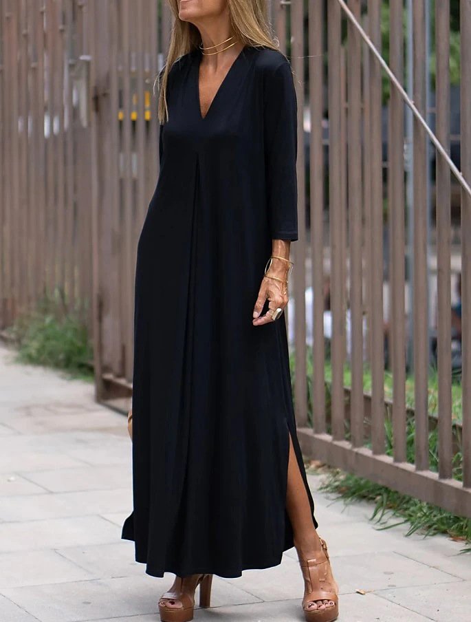 Women Plain V Neck Long Sleeve Comfy Casual Midi Dress