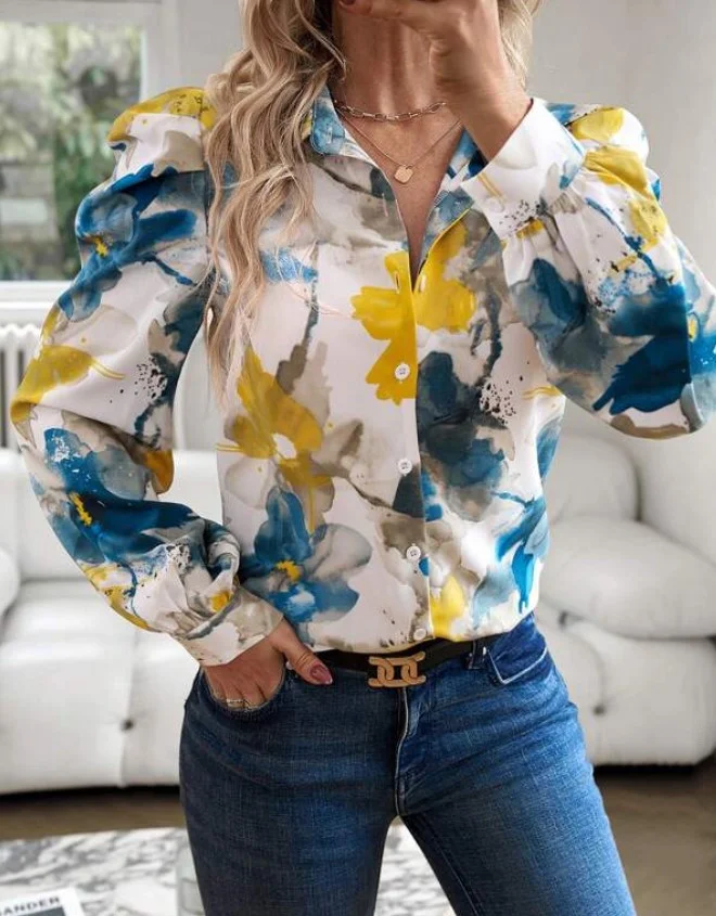 Shirt Collar Long Sleeve Floral Regular Loose Shirt For Women