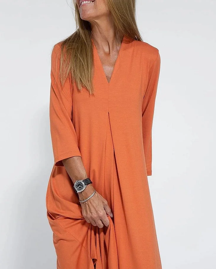 Women Plain V Neck Long Sleeve Comfy Casual Midi Dress