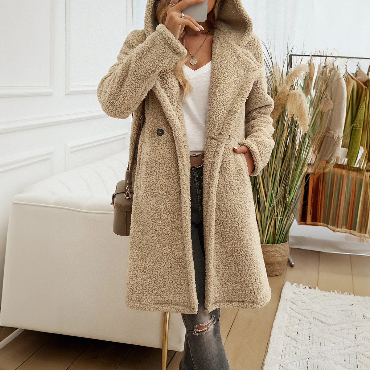 Women's Plain Sherpa Jacket Buckle Regular Loose Teddy Jacket