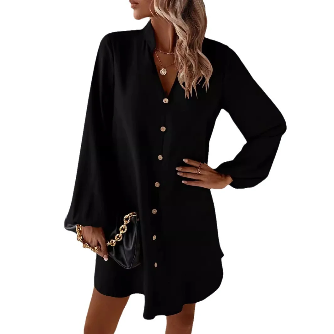 Women Plain V Neck Long Sleeve Comfy Casual Buckle Knee Length Dress