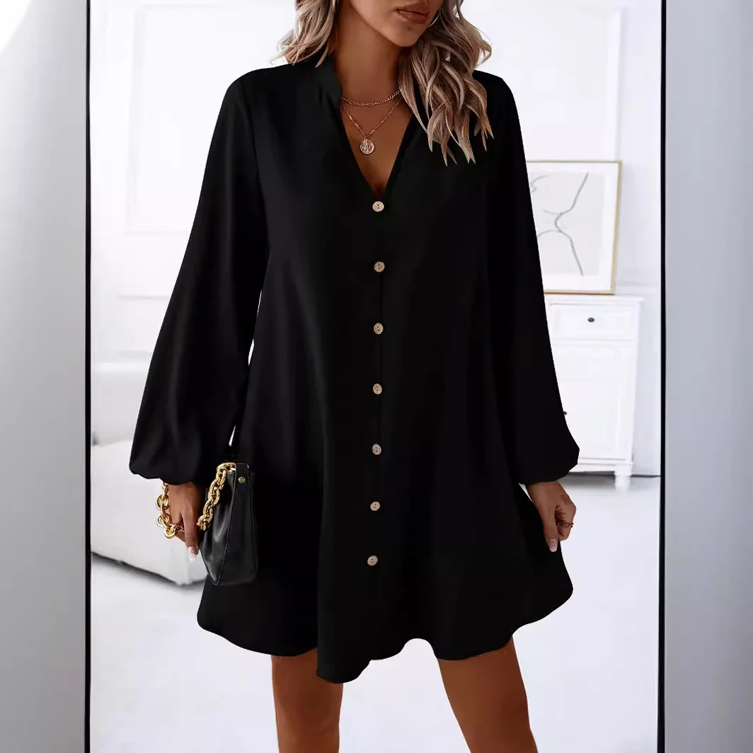 Women Plain V Neck Long Sleeve Comfy Casual Buckle Knee Length Dress