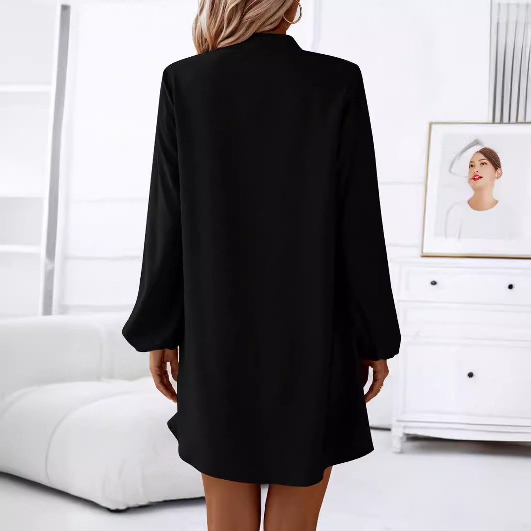 Women Plain V Neck Long Sleeve Comfy Casual Buckle Knee Length Dress