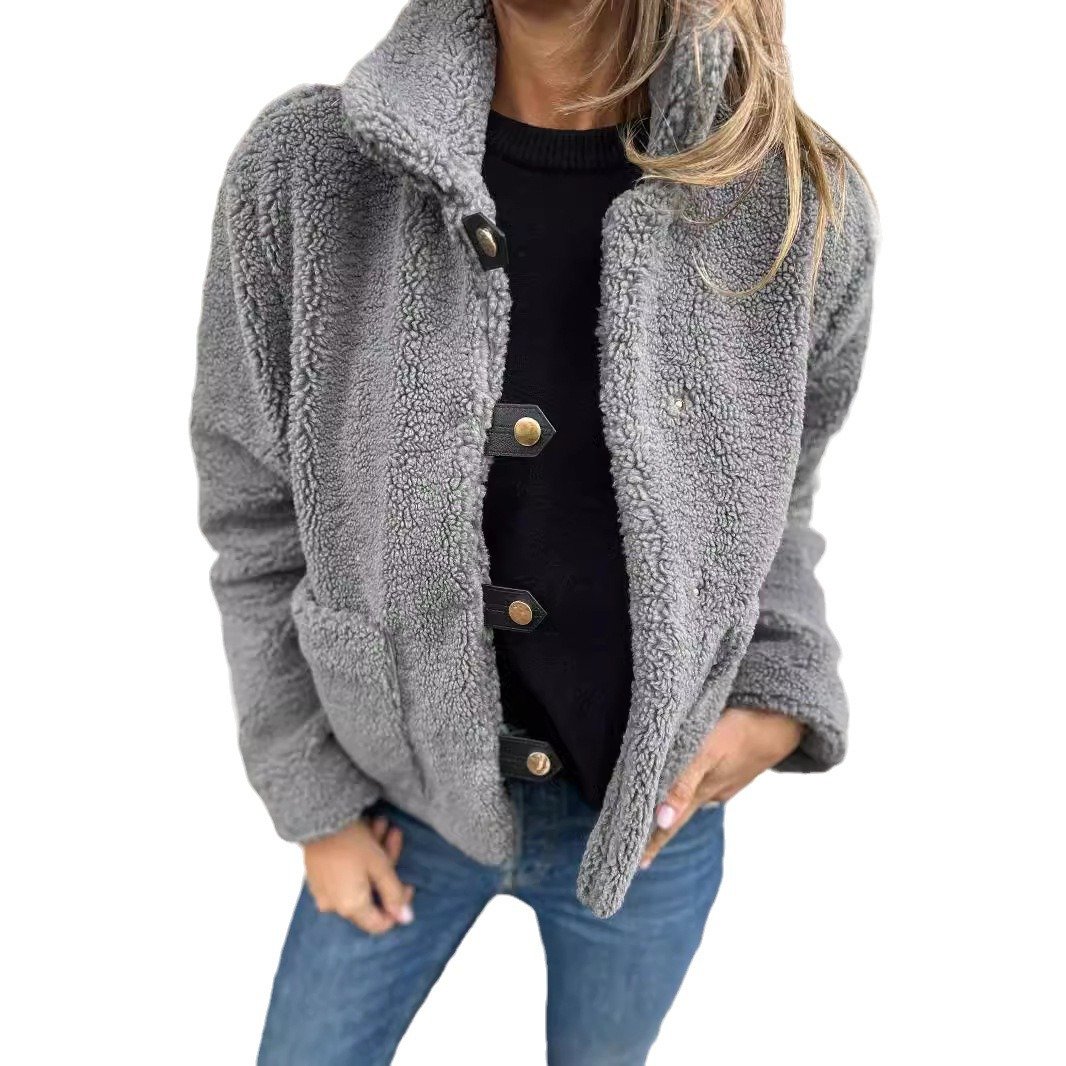 Women's Plain Sherpa Jacket Buckle Regular Regular Fit Teddy Jacket