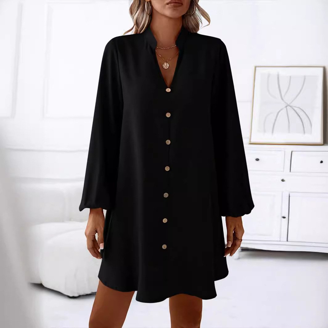 Women Plain V Neck Long Sleeve Comfy Casual Buckle Knee Length Dress