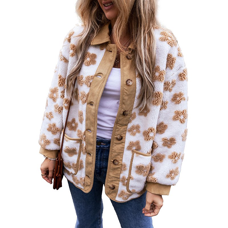 Women's Floral Sherpa Jacket Thicken Loose Teddy Jacket