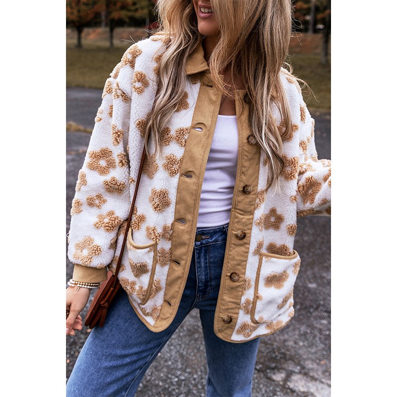 Women's Floral Sherpa Jacket Thicken Loose Teddy Jacket