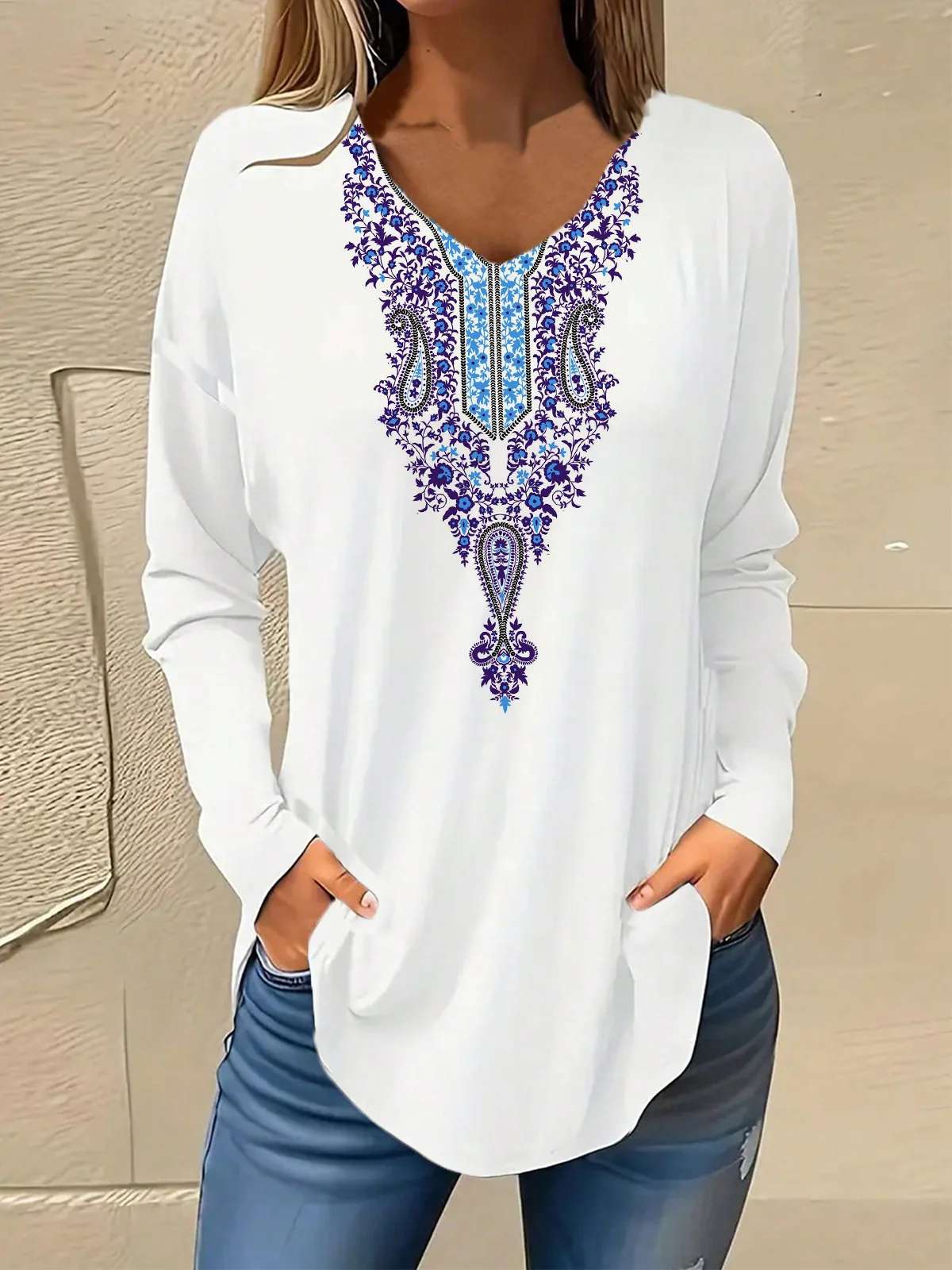 Casual Ethnic V Neck Long Sleeve T-shirt