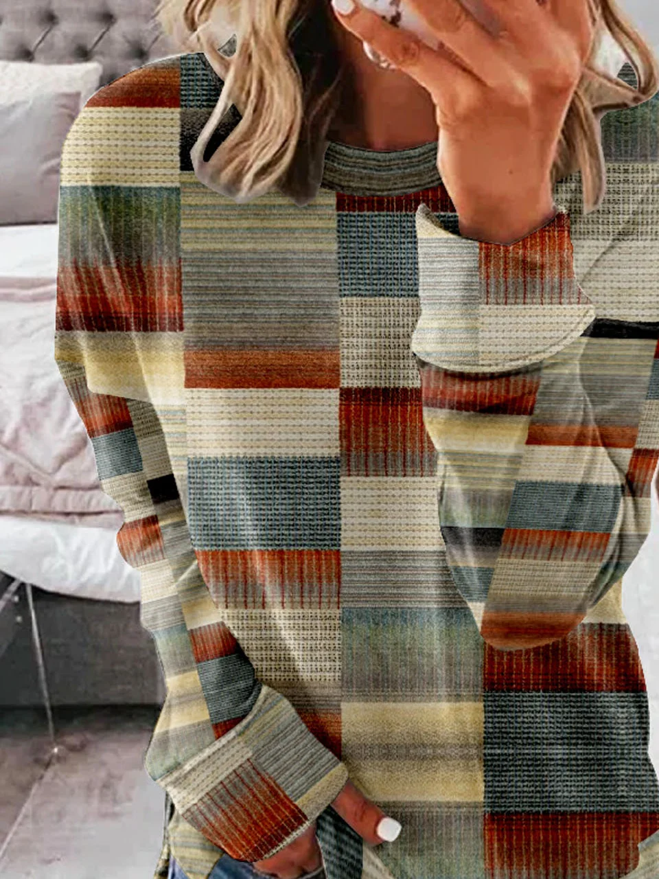 Casual Crew Neck Abstract Plaid Sweatshirt