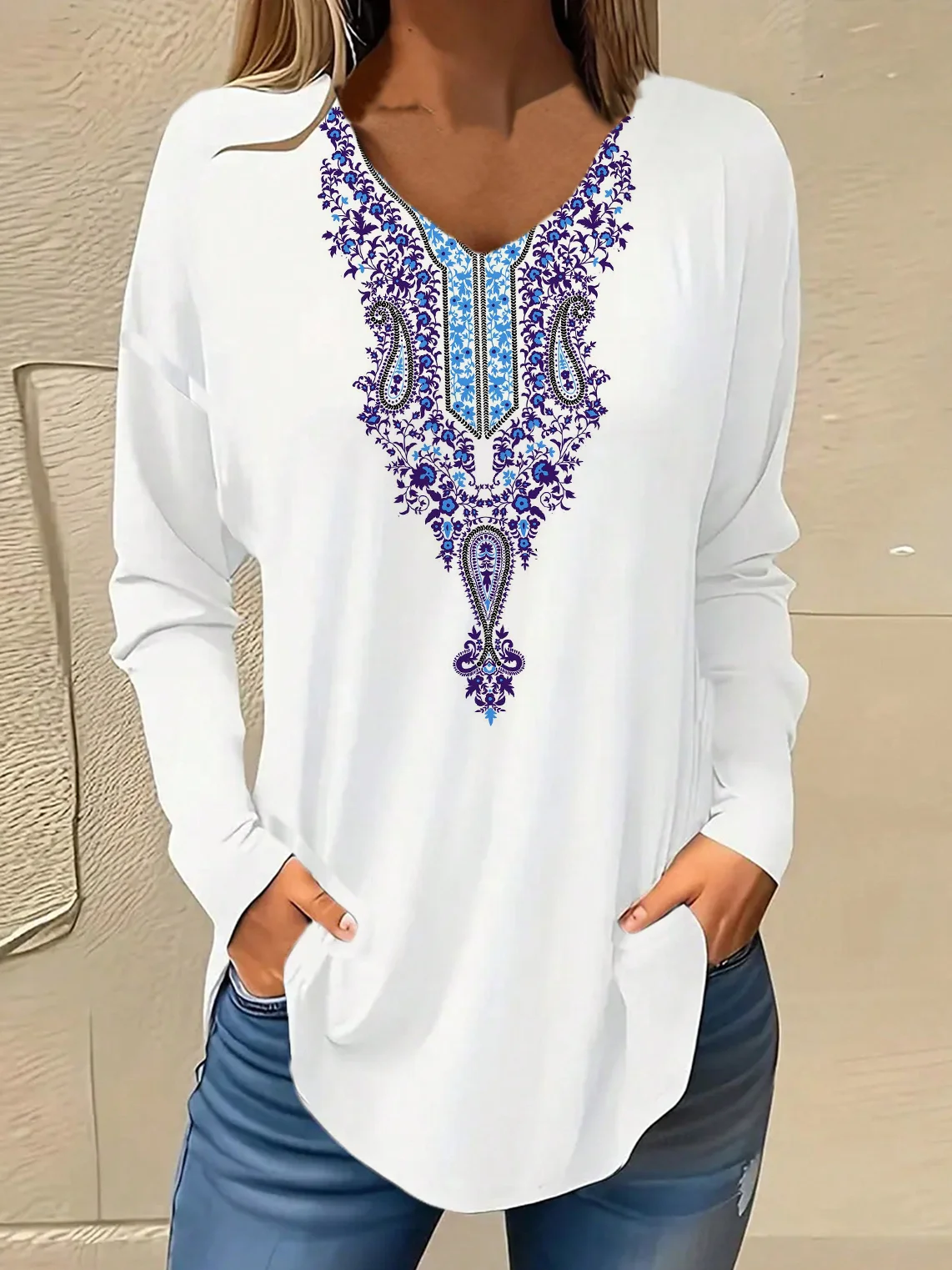 Casual Ethnic V Neck Long Sleeve T-shirt