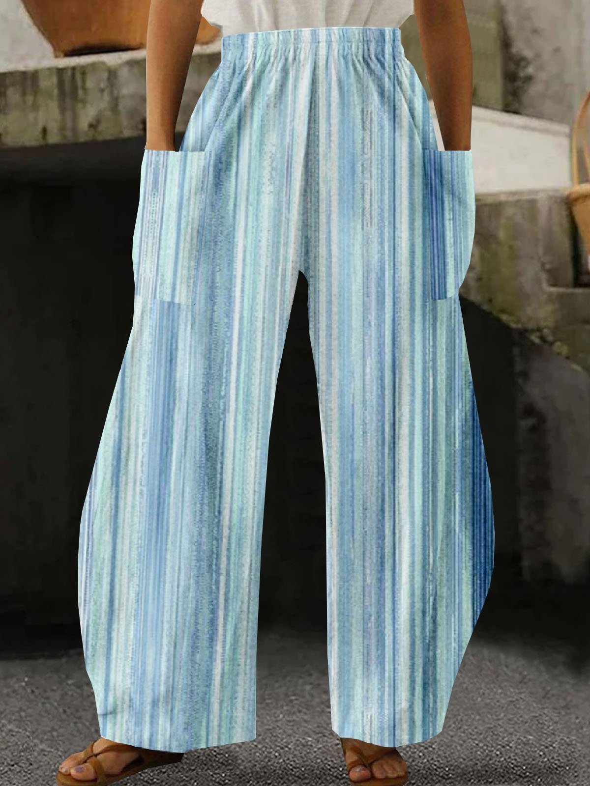 Casual Striped Long Elastic Waist Pocket Stitching Pant