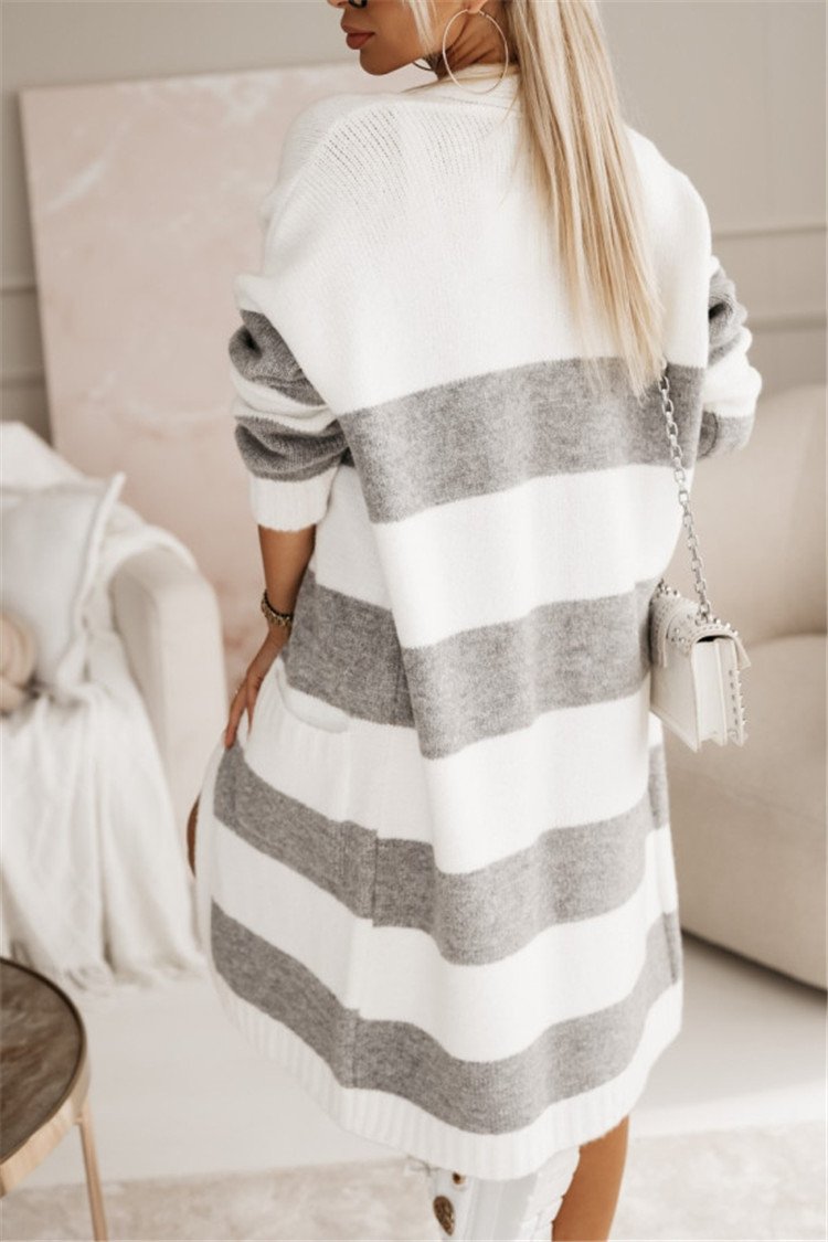 Women Wool/Knitting Striped Long Sleeve Comfy Casual Cardigan