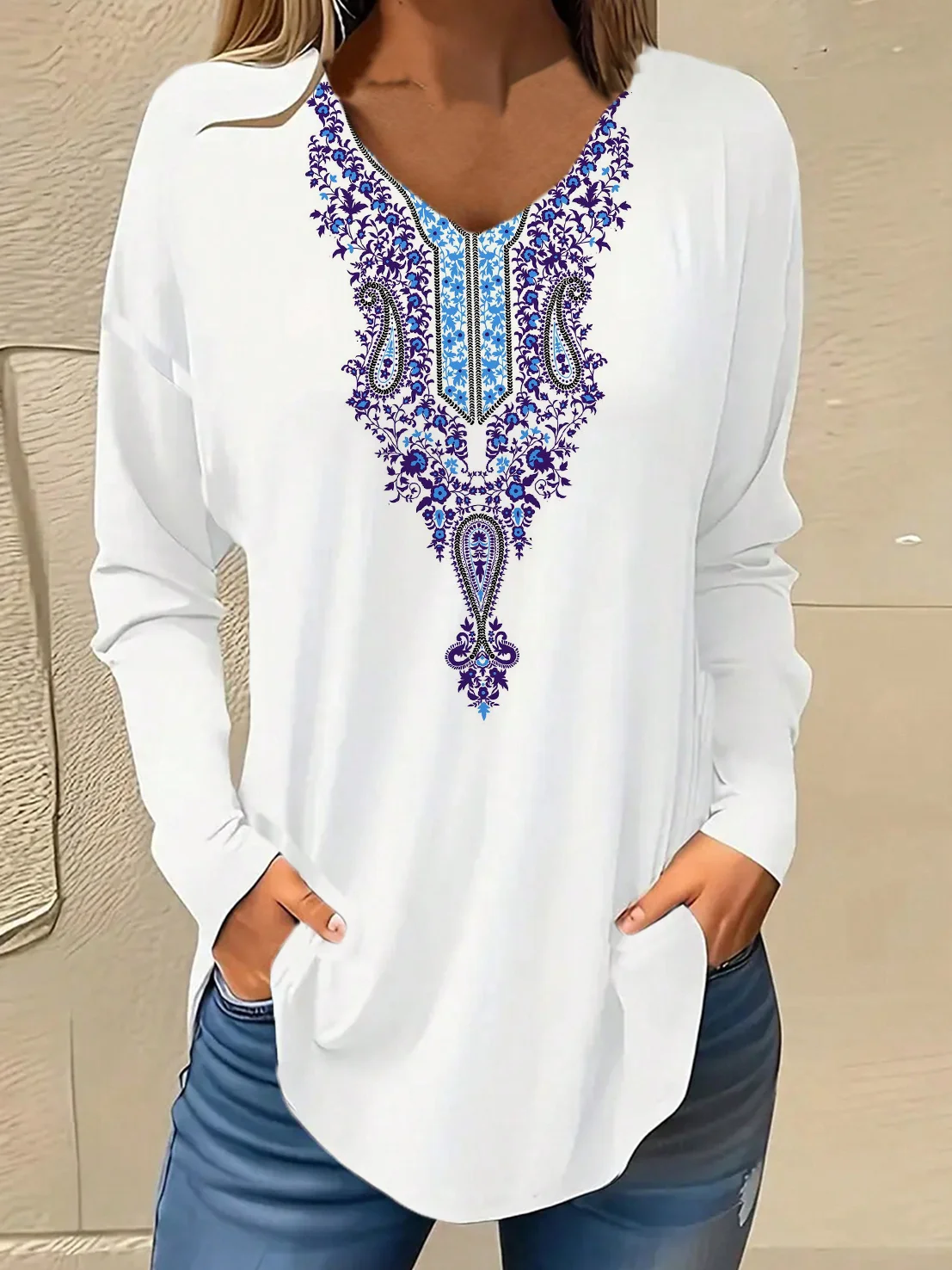 Casual Ethnic V Neck Long Sleeve T-shirt