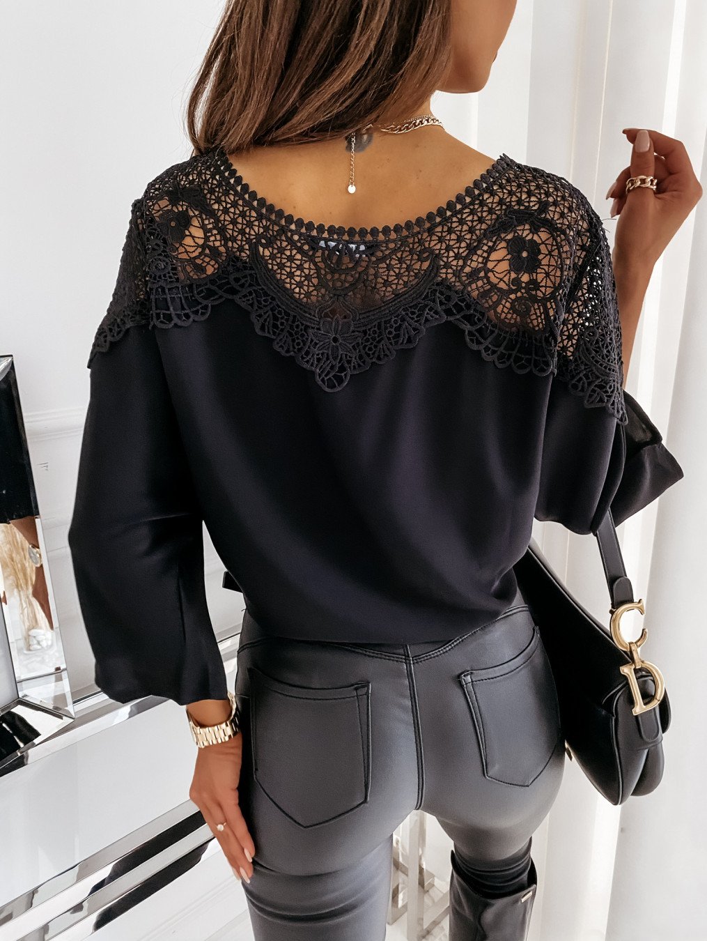 Crew Neck Long Sleeve Plain Lace Regular Micro-Elasticity Loose Blouse For Women