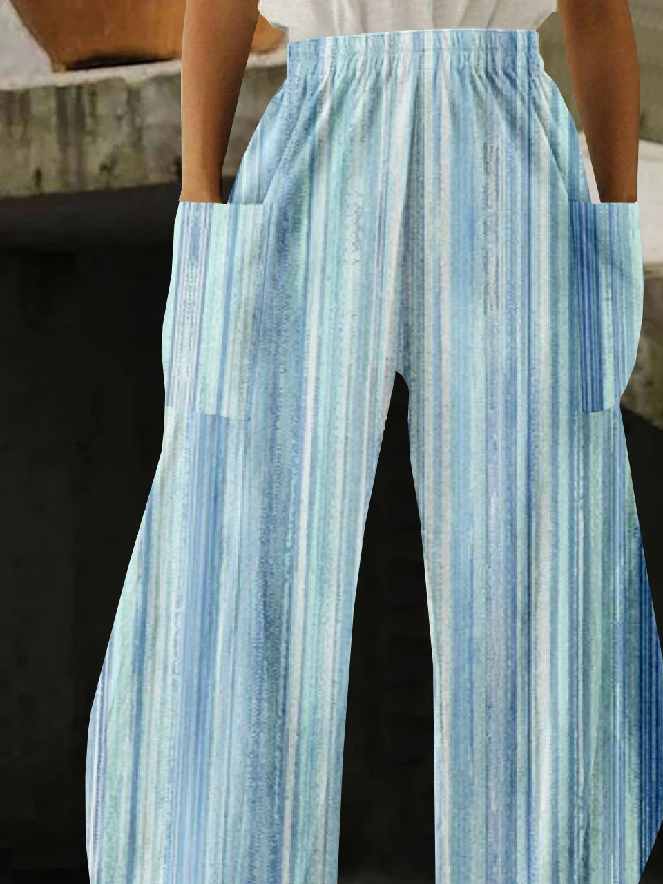 Casual Striped Long Elastic Waist Pocket Stitching Pant