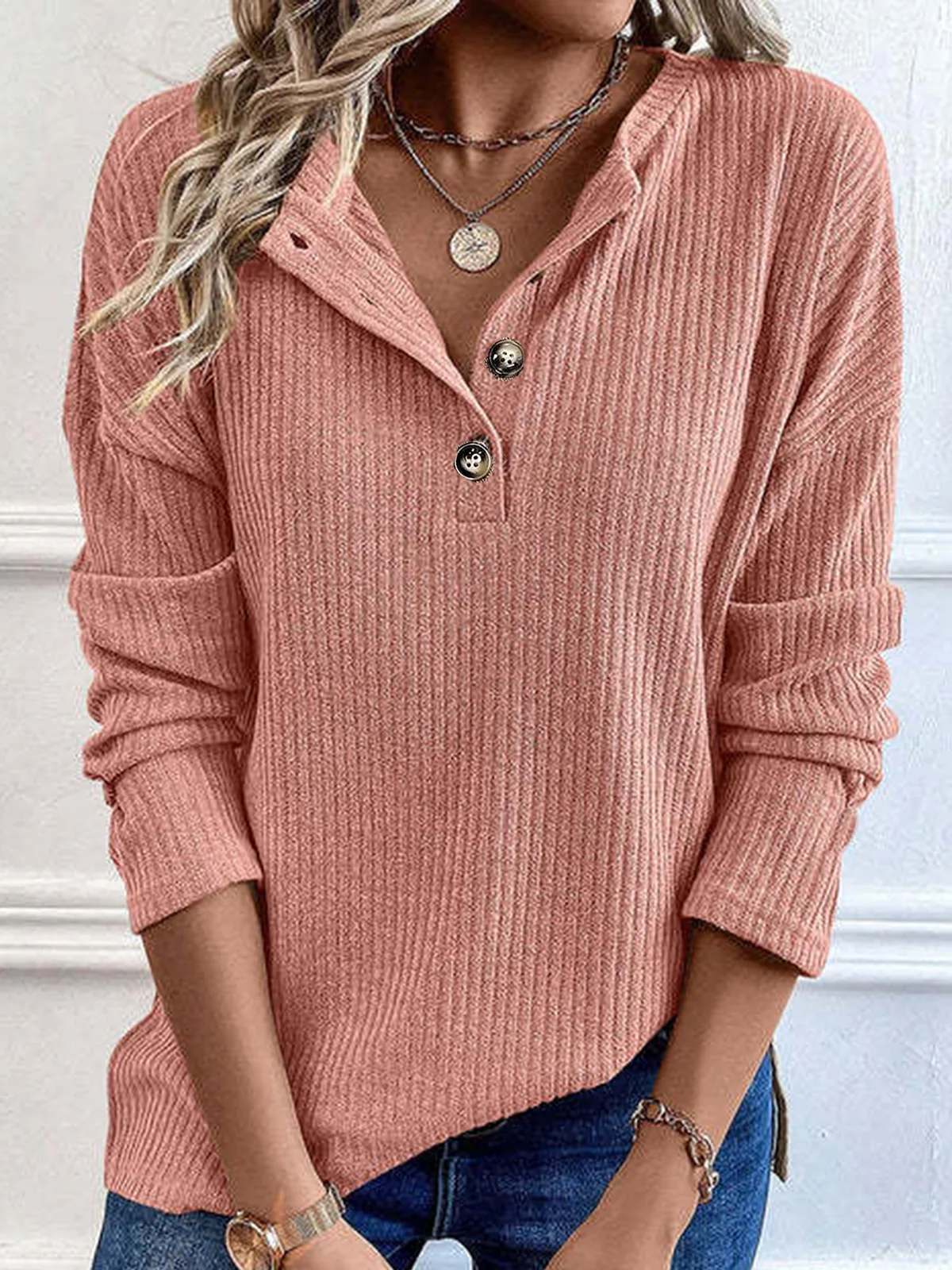 V Neck Long Sleeve Plain Buttoned Regular Micro-Elasticity Loose Blouse For Women