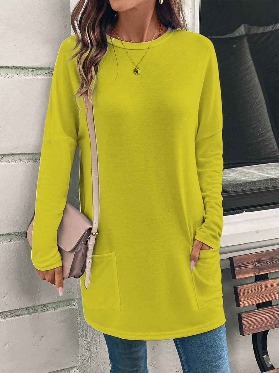 Crew Neck Long Sleeve Plain Regular Micro-Elasticity Loose Blouse For Women