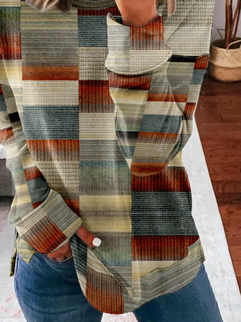 Casual Crew Neck Abstract Plaid Sweatshirt