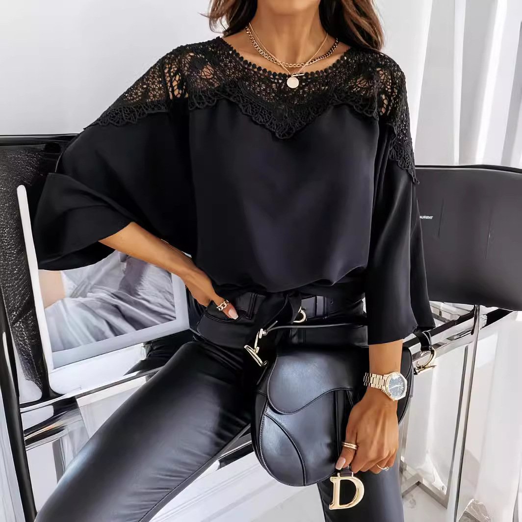 Crew Neck Long Sleeve Plain Lace Regular Micro-Elasticity Loose Blouse For Women