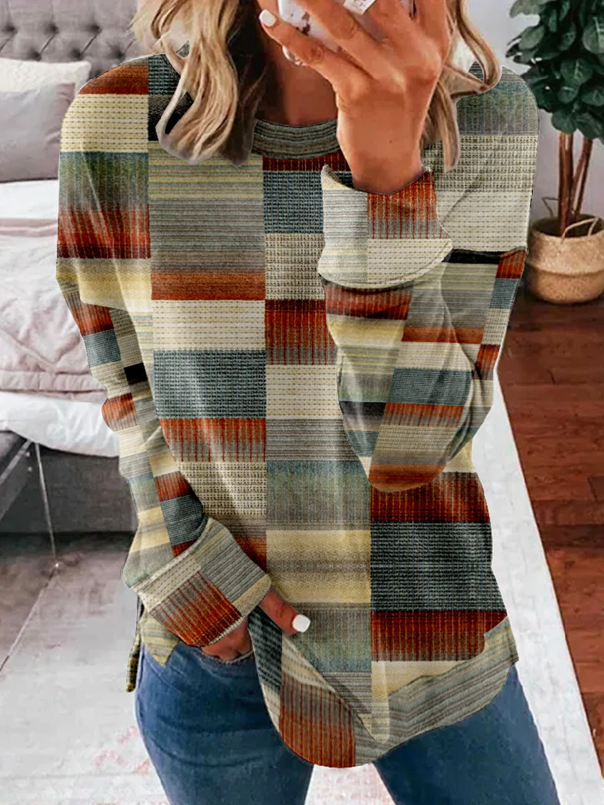 Casual Crew Neck Abstract Plaid Sweatshirt