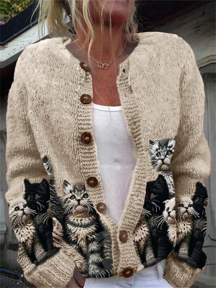 Women Knitted Cute Cats Long Sleeve Comfy Casual Cardigan