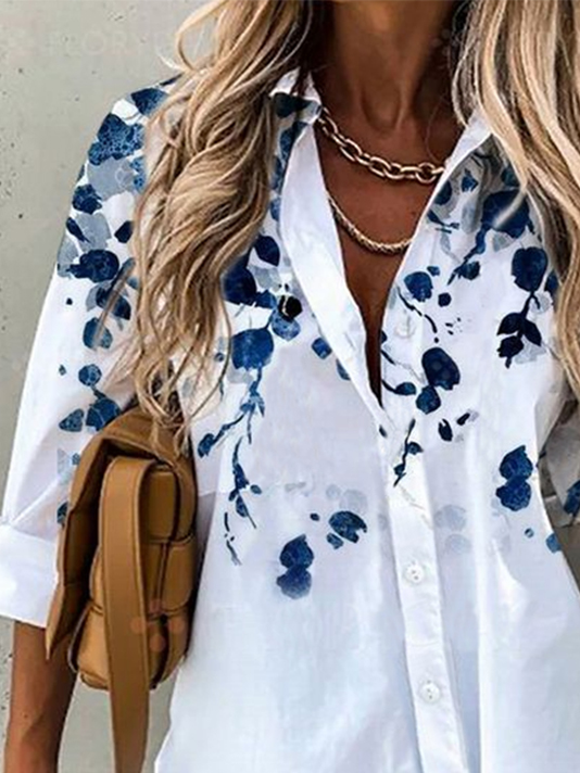 Long Sleeve Floral Printed Shirt Collar Casual Tunic Shirt